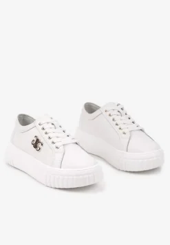 Białe Sneakersy ze Skóry Naturalnej na Grubej Podeszwie z Metalowym Detalem Evoniah