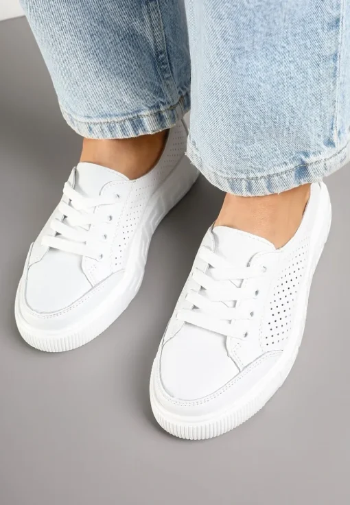 Białe Sneakersy ze Skóry Naturalnej z Perforacją Isolena