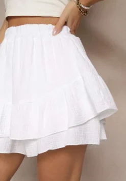 Białe Spódnico-Szorty z Bawełny Ozdobione Falbankami Turanea