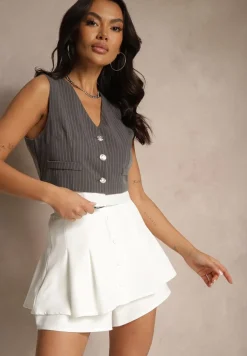 Białe Spódnico-Szorty z Wiskozy z Bawełną Paskiem i Guzikami Sanilana