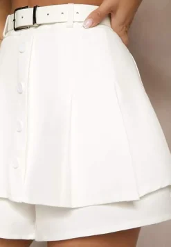Białe Spódnico-Szorty z Wiskozy z Bawełną Paskiem i Guzikami Sanilana