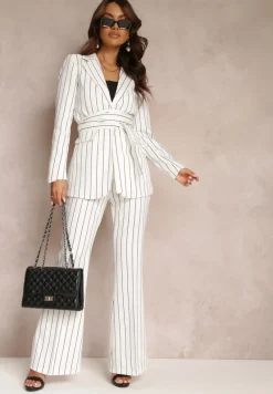 Białe Spodnie Dzwony w Paski z Wysokim Stanem Eudota