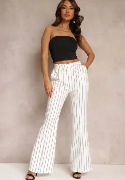 Białe Spodnie Dzwony w Paski z Wysokim Stanem Eudota