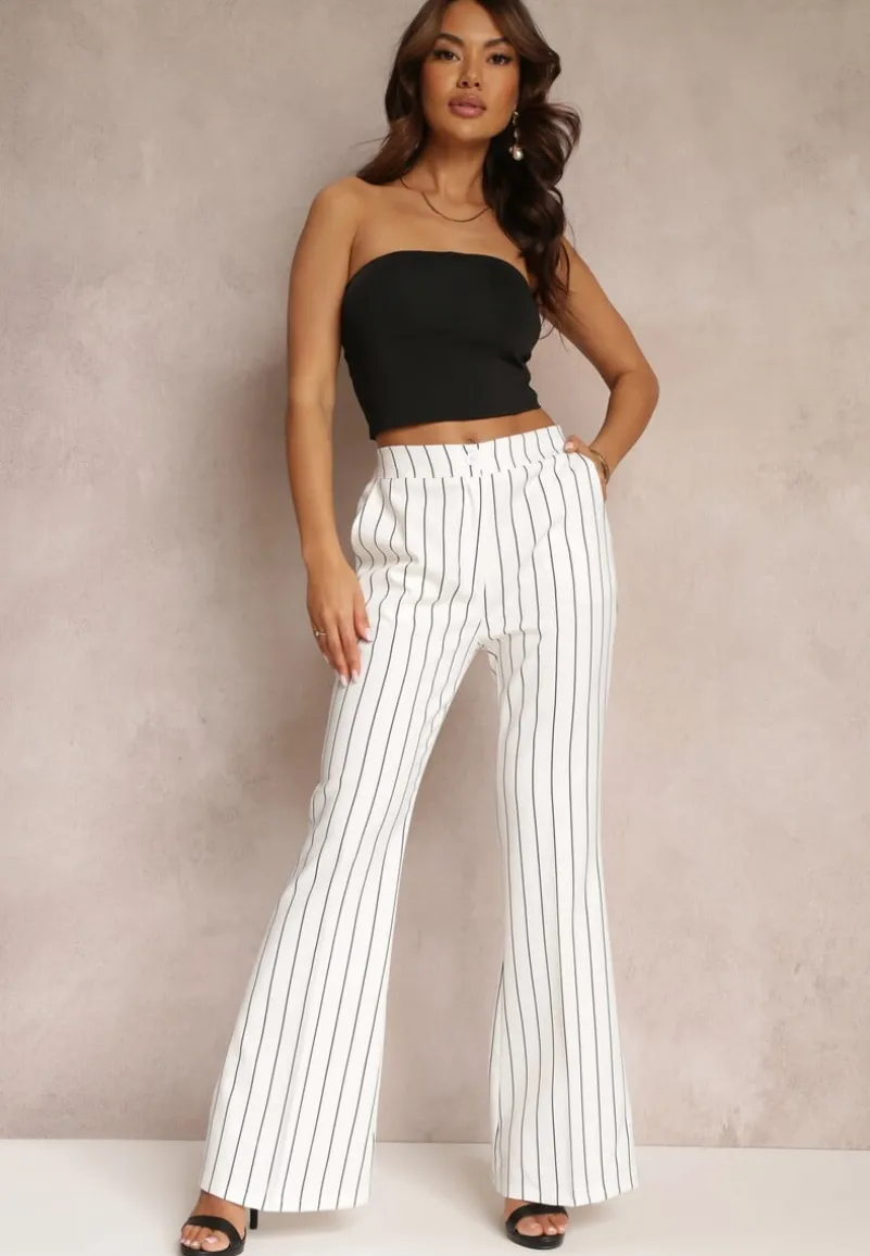Białe Spodnie Dzwony w Paski z Wysokim Stanem Eudota