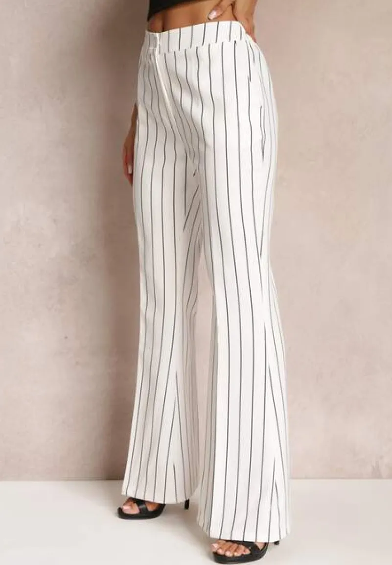 Białe Spodnie Dzwony w Paski z Wysokim Stanem Eudota