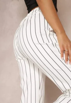 Białe Spodnie Dzwony w Paski z Wysokim Stanem Eudota