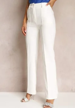Białe Spodnie Garniturowe z Wysokim Stanem i Gumką w Pasie Casemea