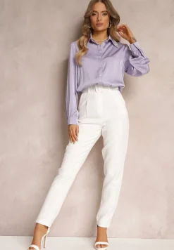 Białe Spodnie Garniturowe z Lekko Rozszerzanymi Nogawkami Lienta