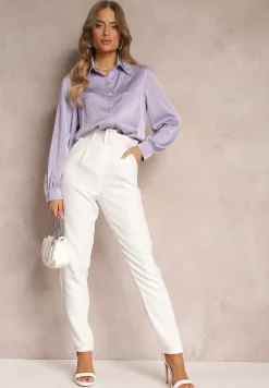 Białe Spodnie Garniturowe z Lekko Rozszerzanymi Nogawkami Lienta