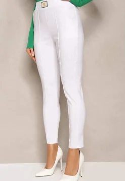 Białe Spodnie High Waist z Elastycznego Materiału Wykończone Gumką Rigadona