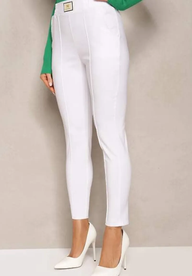 Białe Spodnie High Waist z Elastycznego Materiału Wykończone Gumką Rigadona