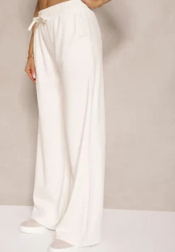 Białe Spodnie o Szerokim Kroju High Waist z Wiązaniem w Pasie Ettianne