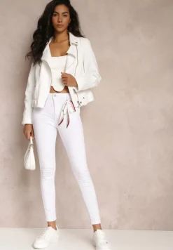 Białe Spodnie Skinny z Wysokim Stanem i Ozdobną Chustką Hyadia