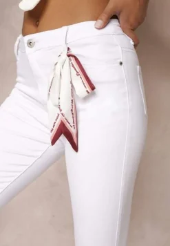 Białe Spodnie Skinny z Wysokim Stanem i Ozdobną Chustką Hyadia