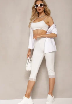 Białe Spodnie z Bawełny o Długości 3/4 Legginsy Abiknia