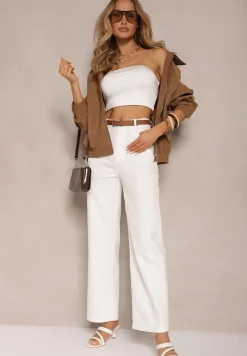Białe Spodnie z Bawełny o Szerokim Kroju High Waist Ozdobione Paskiem Lavies