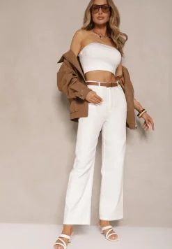 Białe Spodnie z Bawełny o Szerokim Kroju High Waist Ozdobione Paskiem Lavies