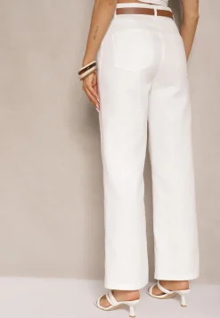 Białe Spodnie z Bawełny o Szerokim Kroju High Waist Ozdobione Paskiem Lavies