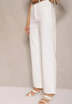 Białe Spodnie z Bawełny o Szerokim Kroju High Waist Ozdobione Paskiem Lavies