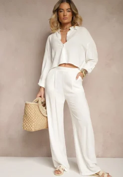 Białe Spodnie z Lnem i Bawełną o Szerokim Kroju High Waist Sallieta