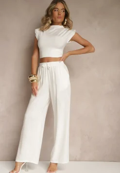 Białe Spodnie z Lnem o Szerokim Kroju z Gumką w Talii Filarive