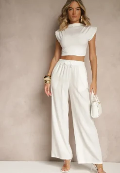 Białe Spodnie z Lnem o Szerokim Kroju z Gumką w Talii Filarive