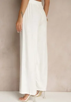 Białe Spodnie z Lnem o Szerokim Kroju z Gumką w Talii Filarive