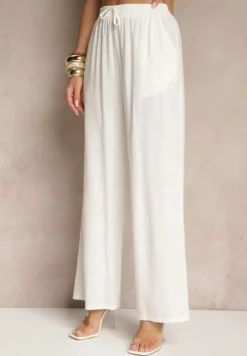 Białe Spodnie z Lnem o Szerokim Kroju z Gumką w Talii Filarive