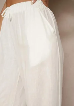 Białe Spodnie z Lnem o Szerokim Kroju z Gumką w Talii Filarive