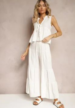 Białe Spodnie z Szerokimi Nogawkami Palazzo z Falbankami i Gumką w Pasie Dimlin