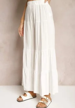 Białe Spodnie z Szerokimi Nogawkami Palazzo z Falbankami i Gumką w Pasie Dimlin