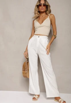 Białe Spodnie z Szerokimi Prostymi Nogawkami High Waist z Lnem Amivesa