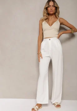 Białe Spodnie z Szerokimi Prostymi Nogawkami High Waist z Lnem Amivesa
