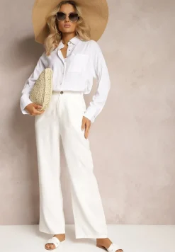Białe Spodnie z Szerokimi Prostymi Nogawkami High Waist z Lnem Amivesa