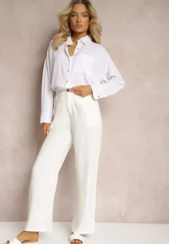 Białe Spodnie z Szerokimi Prostymi Nogawkami High Waist z Lnem Amivesa