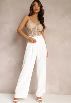 Białe Spodnie z Wysokim Stanem i Szerokimi Nogawkami Ellika