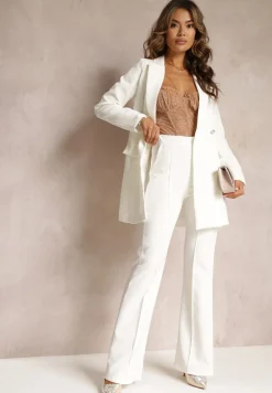 Białe Szerokie Spodnie Garniturowe z Wysokim Stanem i Gumką w Talii Meaba