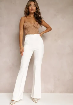 Białe Szerokie Spodnie Garniturowe z Wysokim Stanem i Gumką w Talii Meaba