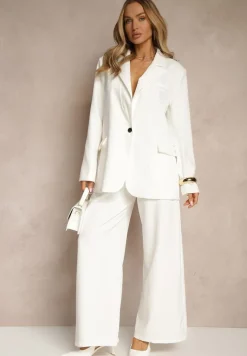 Białe Szerokie Spodnie High Waist o Garniturowym Kroju z Zakładkami Uliadorea