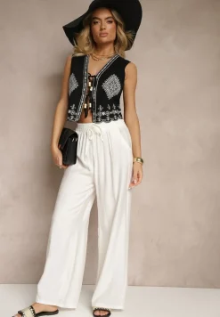 Białe Szerokie Spodnie High Waist z Wiskozy z Gumką w Talii Lannalie