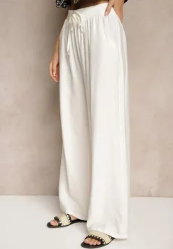 Białe Szerokie Spodnie High Waist z Wiskozy z Gumką w Talii Lannalie