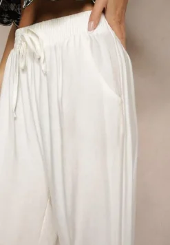 Białe Szerokie Spodnie High Waist z Wiskozy z Gumką w Talii Lannalie