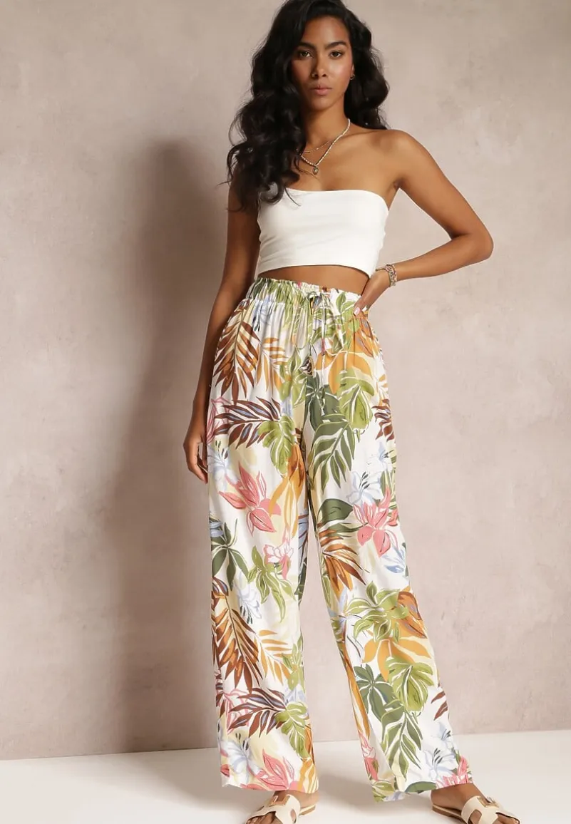 Białe Szerokie Spodnie w Kwiaty z Gumką w Pasie Alaysa