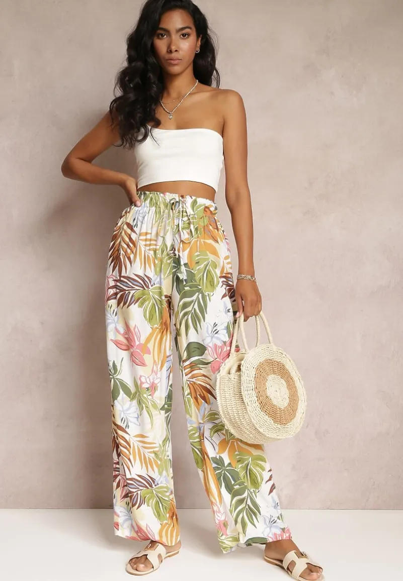 Białe Szerokie Spodnie w Kwiaty z Gumką w Pasie Alaysa