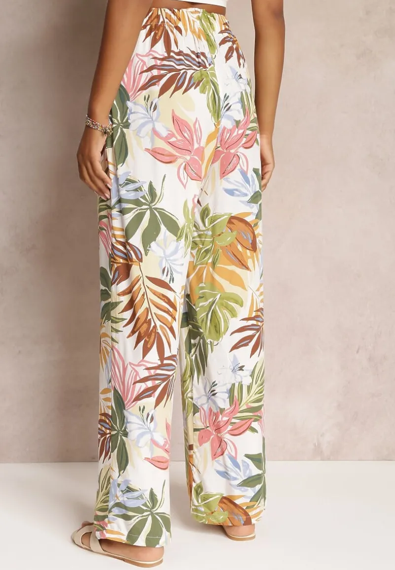 Białe Szerokie Spodnie w Kwiaty z Gumką w Pasie Alaysa