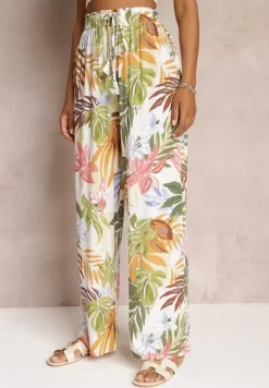 Białe Szerokie Spodnie w Kwiaty z Gumką w Pasie Alaysa