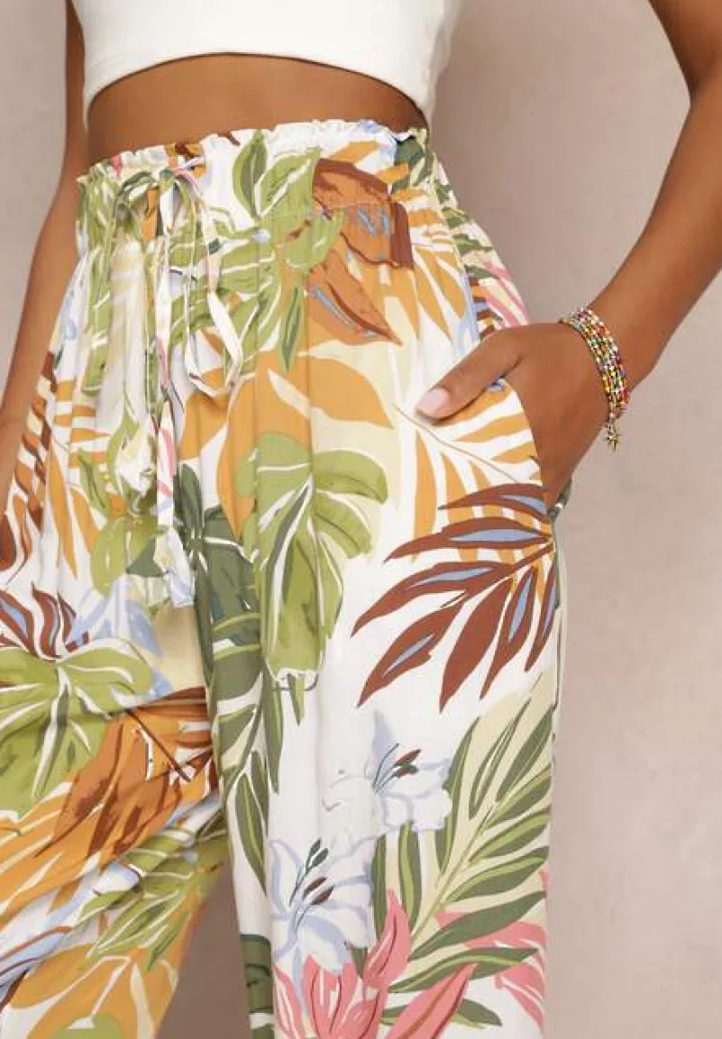 Białe Szerokie Spodnie w Kwiaty z Gumką w Pasie Alaysa