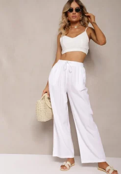Białe Szerokie Spodnie z Wiskozy z Dodatkiem Lnu Delsira