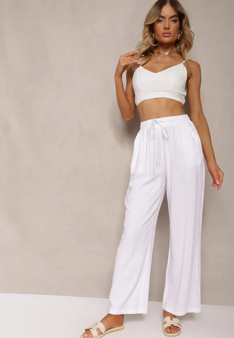 Białe Szerokie Spodnie z Wiskozy z Dodatkiem Lnu Delsira