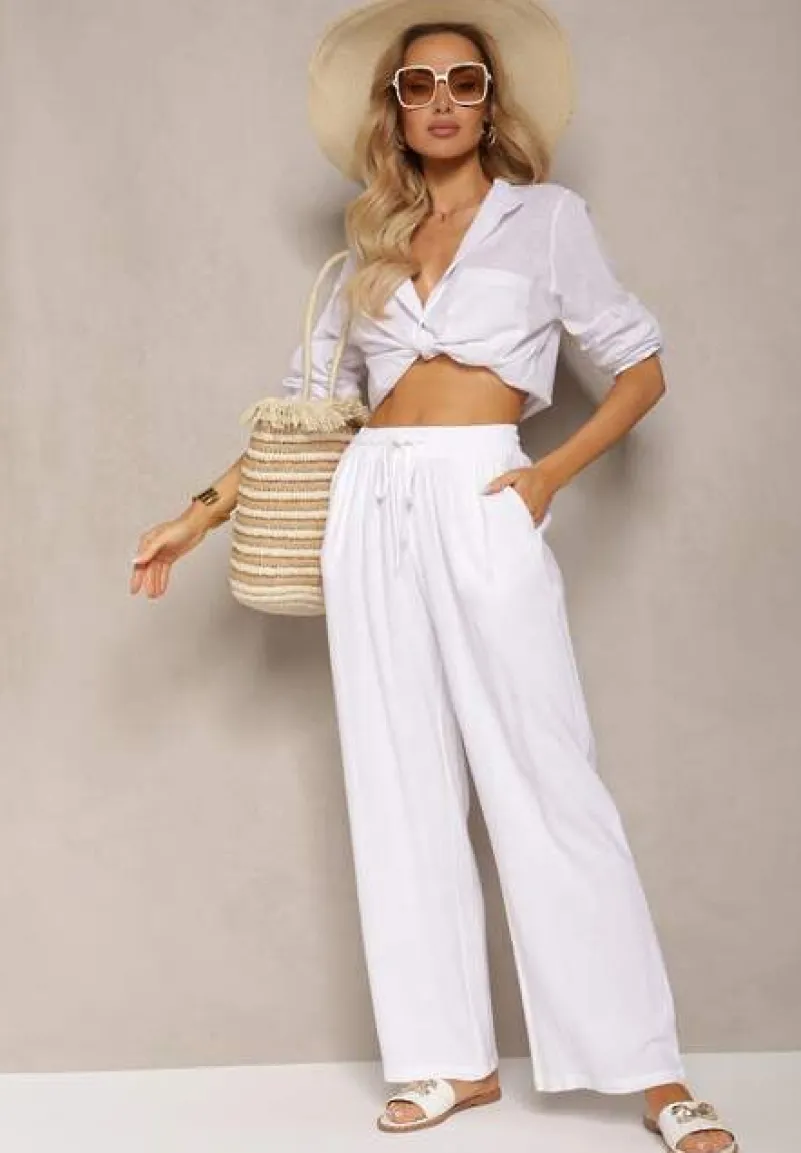 Białe Szerokie Spodnie z Wiskozy z Dodatkiem Lnu Delsira